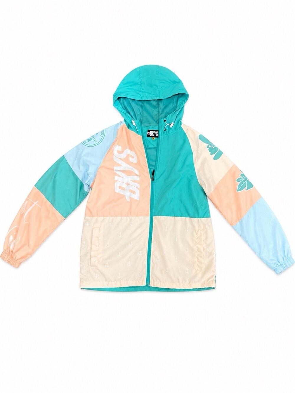 BKYS Color Block Hooded Windbreaker Jacket Men’s Medium Teal Peach Streetwear